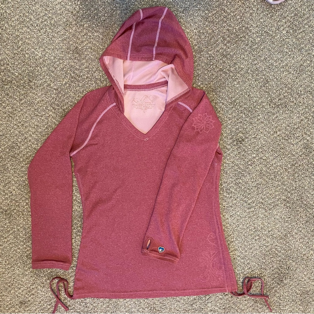 Kuhl VNeck Hoodie Women’s Large Cinch Sides Pink Midweight EUC